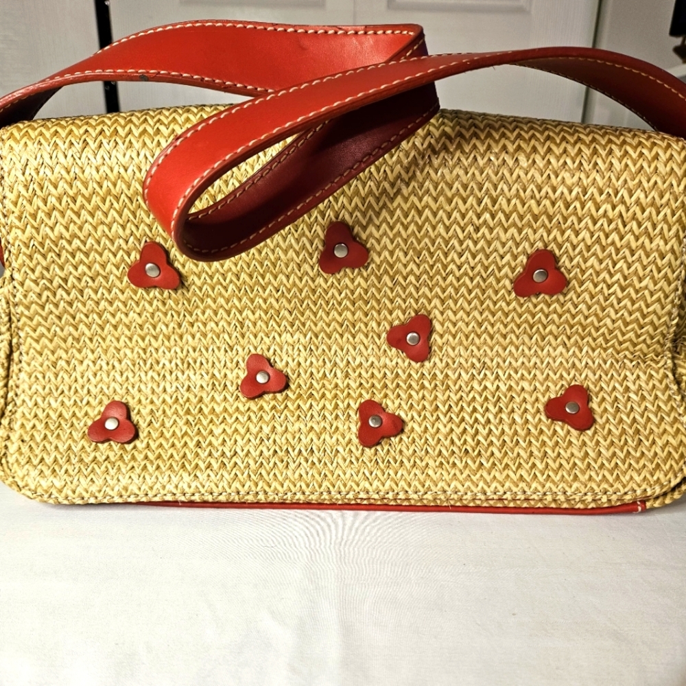 Kenneth Cole Reaction Straw Handbag with Red Leather Floral Accents/Trim
